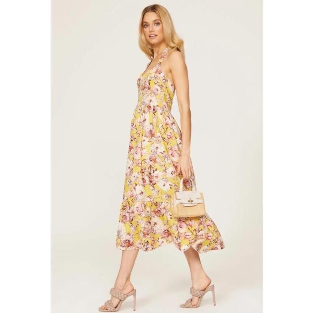 Bardot‎ Dress Linen Yellow Floral Halter Ruffled Hem Vintage Inspired Small